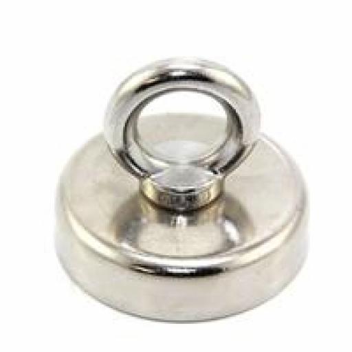 60mm dia Neodymium Pot Magnet with Stainless Eye - 139kg pull